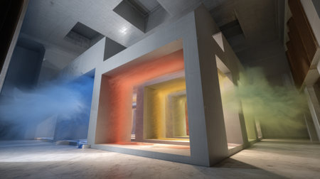 Colorful geometric shapes are arranged in an open gallery, with soft hues interacting to create a visually stimulating atmosphere that invites exploration.の素材