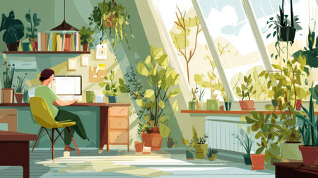 A person is working intently on a laptop in a vibrant room filled with numerous plants, sunlight streaming through large windows.の素材