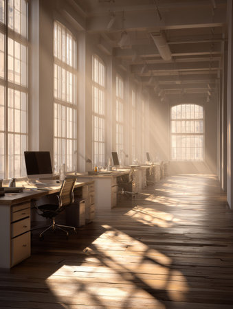 Sunlight fills the airy office with tall windows and wooden floors, creating a warm, inviting atmosphere in the afternoon.の素材