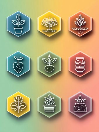 Collection of colorful hexagonal icons showing plants, water, soil, and gardening symbols, perfect for nature enthusiasts and eco-friendly projects.の素材