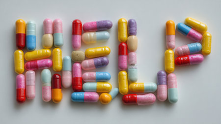 Colorful capsules and pills are carefully arranged to form the word help. This artistic display highlights issues related to health and medicine.の素材