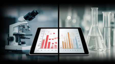 A modern laboratory features a microscope and a tablet showing colorful graphs, alongside beakers and flasks, highlighting scientific research and analysis.の素材