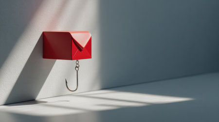 A vibrant red box with a hook attached is mounted on a light-colored wall, creating dramatic shadows from bright sunlight at an artistic angle.の素材