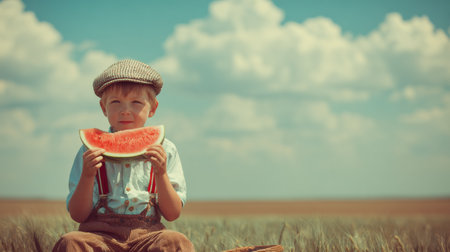 A young boy sits in a green field holding a large slice of watermelon with a big smile. The bright sky has fluffy clouds, making for a beautiful summer day.の素材