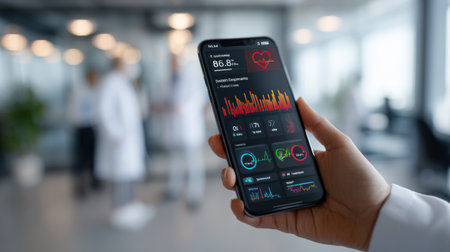 A smartphone shows a health monitoring apps interface while medical professionals discuss in a contemporary healthcare setting.の素材