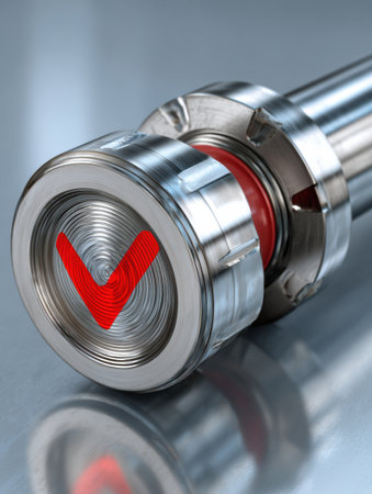 A detailed view of a valve with a red check mark indicator, showing the intricate design and smooth surfaces in a factory environment.の素材