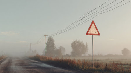 A tranquil rural scene shows a foggy road with a warning sign, power lines, and tall grass under soft morning light, creating a serene atmosphere.の素材