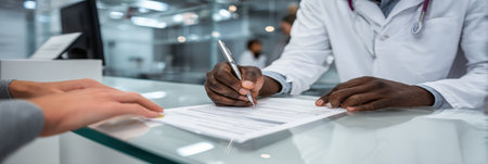 A healthcare provider helps a patient by filling out forms at a desk in a contemporary medical office during daytime.の素材