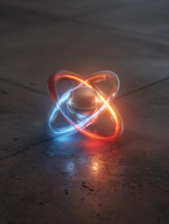 A glowing atomic model with red and blue rings floats above a textured surface, creating a visually striking representation of science and technology.の素材