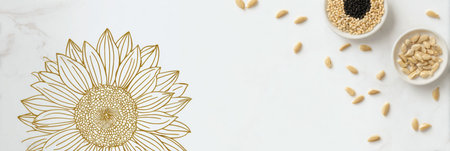 A sunflower drawing in gold lines is set against a white marble background, alongside bowls of various seeds and spices displayed artfully.の素材