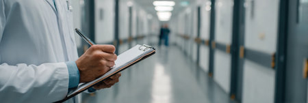 A healthcare worker writes notes in a hospital hallway as colleagues care for patients, showing casing teamwork.の素材