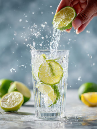A hand squeezes fresh lime into a tall glass filled with sparkling water, creating a lively splash amidst sliced lime and lemon on a light background.の素材