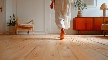 A person walks barefoot across a polished wooden floor in a bright living area filled with natural light and warm decor elements in the afternoonの素材