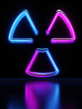 A glowing radiation symbol illuminated in bright neon colors of blue and pink, set against a black backdrop.の素材