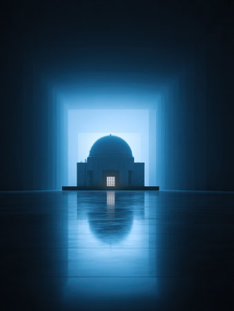 An intriguing architectural form is softly lit in a dark environment, creating a captivating atmosphere that highlights its silhouette and reflection.の素材