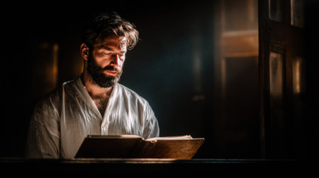 A man immersed in reading an old book, surrounded by shadows and gentle light from a window, conveying a quiet moment of reflection and learning.の素材
