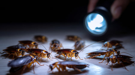 A group of cockroaches is illuminated by a flashlight, showing their activity and movement in a dimly lit environment.の素材