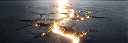 A fissured landscape reveals glowing light spilling from cracks in the ground, creating a stunning visual effect at sunset.の素材