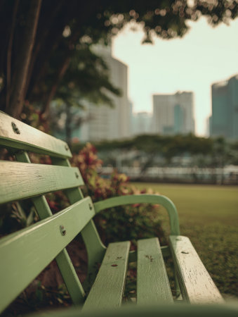 A green bench invites relaxation in an urban park, surrounded by lush foliage and a distant city skyline bathed in warm evening light.の素材
