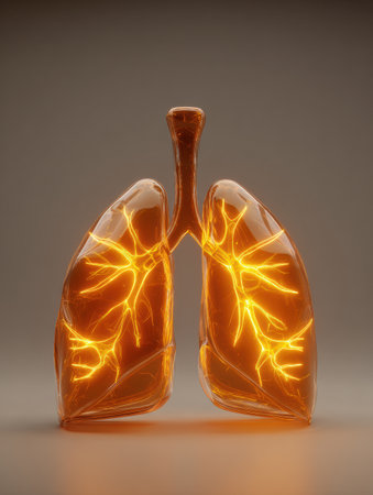 A striking digital artwork features glowing lungs, showing intricate vein-like patterns that emit a warm light against a dark backdrop, symbolizing life.の素材