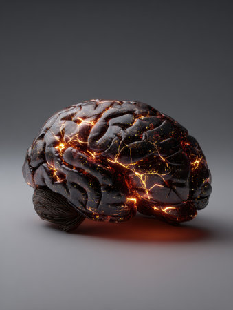 A creative depiction of a brain with glowing cracks, blending elements of art and science, set against a neutral background in a well-lit studio.の素材