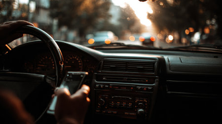 A person is driving a car while holding a smartphone, navigating through a city street during a beautiful sunset with soft light.の素材