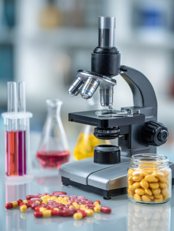 A laboratory setup features a microscope, colorful capsules, and various glass containers filled with liquids, showing the world of science and health.の素材