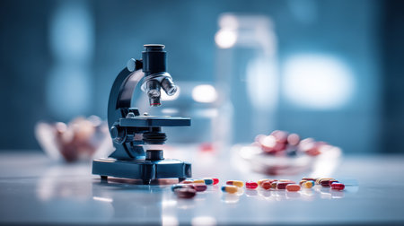 Brightly lit laboratory scene featuring a microscope surrounded by various colorful capsules and glassware. The setting emphasizes scientific research.の素材