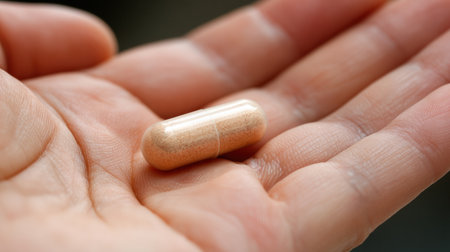 A hand gently holds a tan-colored dietary supplement capsule showing its texture and color under soft lighting.の素材
