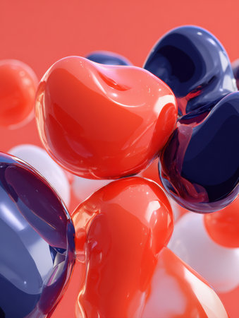 Brightly colored abstract shapes interact on a glossy surface, showcasing a blend of red, white, and blue tones that evoke a playful atmosphere.の素材