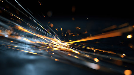 Sparks illuminate the dark surroundings while metal is being cut or ground, showing the dynamic energy and skill involved in the process.の素材