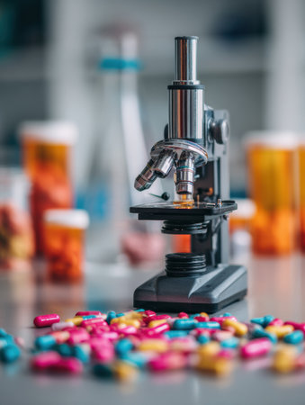 A microscope focuses on vibrant capsules scattered on a laboratory table, surrounded by prescription bottles, suggesting a study of pharmaceuticals.の素材