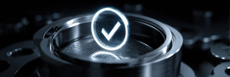 A glowing checkmark symbol sits in the center of a shiny metallic ring, surrounded by dark mechanical parts, creating a futuristic look in technology.の素材