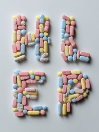 Pills in various colors are creatively arranged to form the word help on a clean white background, highlighting a striking visual of medication.の素材