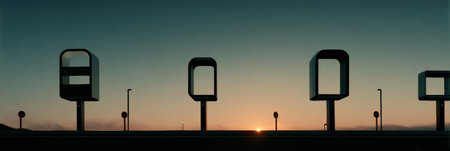 A vibrant sunset casts warm colors in the sky, illuminating the silhouettes of bus stops and street lights, creating a tranquil evening scene.の素材