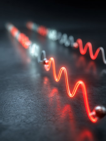 Colorful light waves in red and white move across a dark surface, creating a dynamic visual pattern. The contrast enhances the vibrant colors.の素材