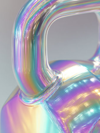 A kettlebell with a shiny, iridescent surface reflecting various colors in a well-lit space, showing its unique design and aesthetic appeal.の素材