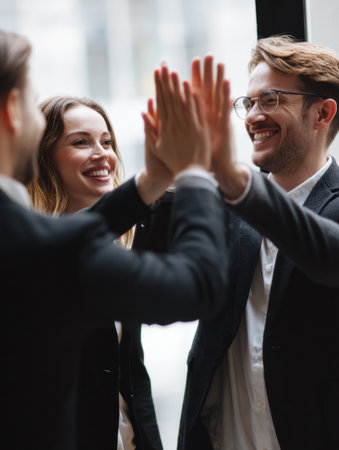 In a contemporary office space, two men and a woman engage in a cheerful moment, showing collaboration and positivity in their interaction.の素材