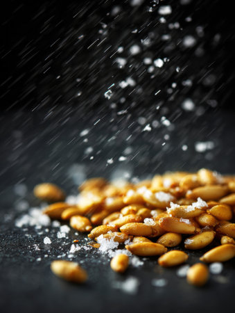 Pine nuts rest on a dark surface as coarse salt is sprinkled over them in a kitchen, enhancing their flavor during a cooking session.の素材