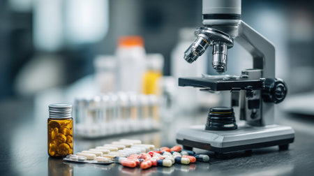 Close-up view of a microscope surrounded by various pills and vials in a laboratory, showcasing pharmaceutical research and analysis activities.の素材