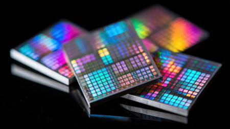Close-up view of multiple silicon wafers with colorful, intricate patterns lying on a glossy black surface, highlighting their vibrant reflections.の素材