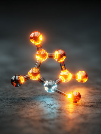 A striking molecular model glows in orange and blue hues, showcasing atoms arranged in a unique formation on a textured surface in low light.の素材