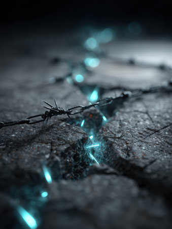 Barbed wire coils across cracked, textured ground while glowing elements emerge from the fissures, creating an eerie, captivating atmosphere in low light.の素材