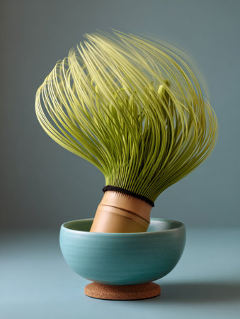 A tea whiskey is elegantly placed in a blue bowl, highlighting its intricate design and vibrant green strands, creating a serene kitchen atmosphere.の素材