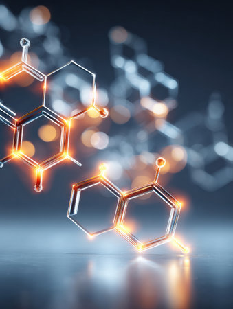 A detailed depiction of molecular structures glowing against a blurred background, emphasizing the beauty of chemistry and science.の素材