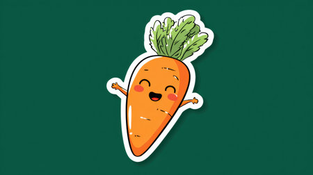 A vibrant cartoon carrot with a smiling face and waving arms stands out against a green background, showing its playful design and bright colors.の素材