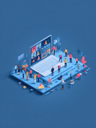 Groups of individuals interact and engage in various online activities around a large laptop, showcasing a modern, collaborative digital environment.の素材