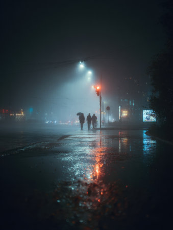 People walk under umbrellas along a wet street, surrounded by glowing city lights and fog creating a mysterious and serene mood.の素材