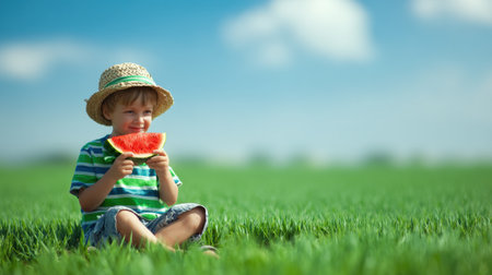 Young boy sits in a green field, happily eating a slice of watermelon on a sunny summer day, with a backdrop of a bright blue sky and fluffy clouds.の素材