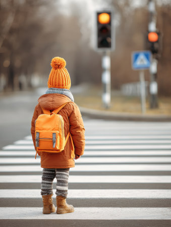 A child wearing an orange hat and a warm coat stands at a crosswalk on a serene street, waiting for the traffic light to turn green in winter.の素材